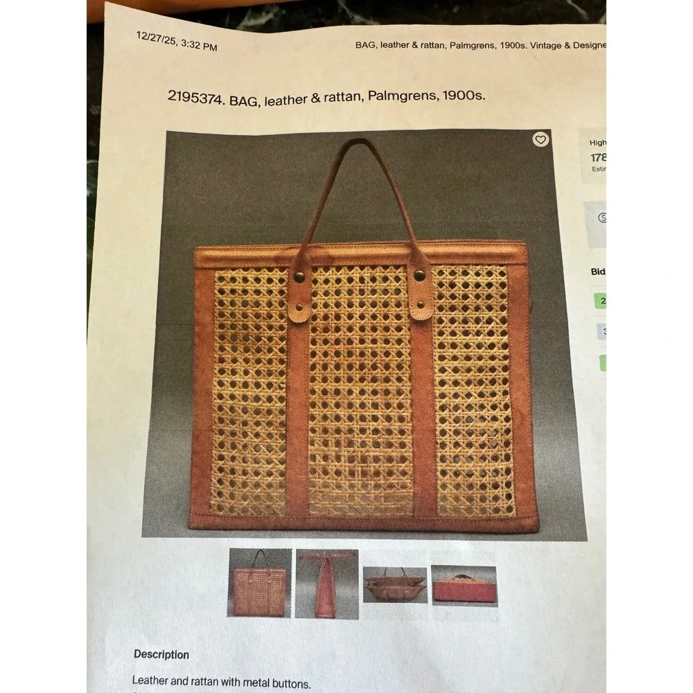 Vintage‎ Woven Wicker  BAG, leather & rattan, Palmgrens, 1900s Antique Purse